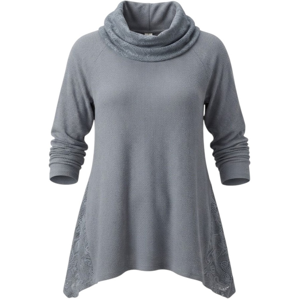 Maurices Womens Blue Waffle Knit Cowl Neck Lace Sharkbite Tunic Top Large